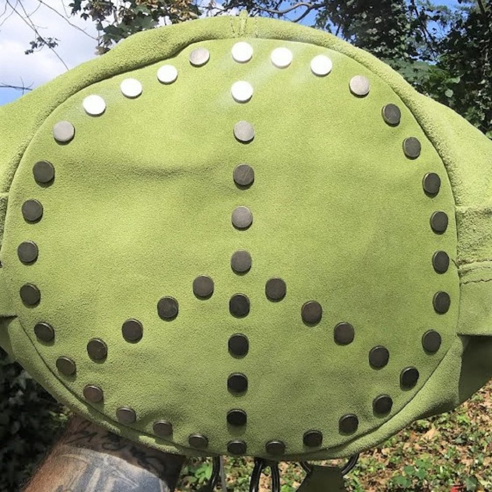 LUCKY BRAND GREEN SUEDE BUCKET HOBO W/STUD PEACE SIGN ON BOTTOM